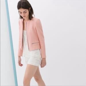 Zara Light Pink Tweed Cropped Zip Up Blazer Size Large